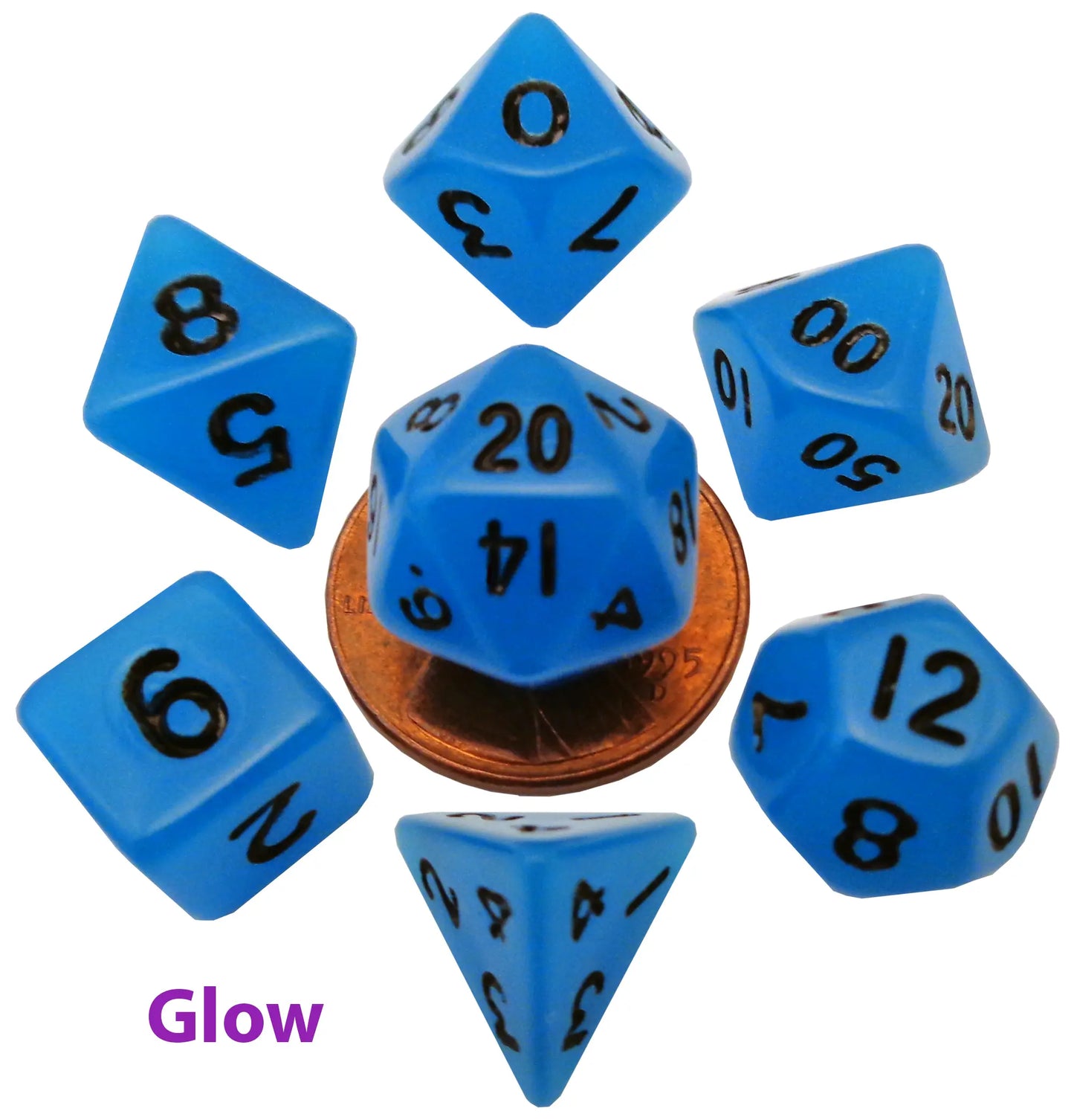 Glow-in-the-Dark Blue 10mm mini poly dice set