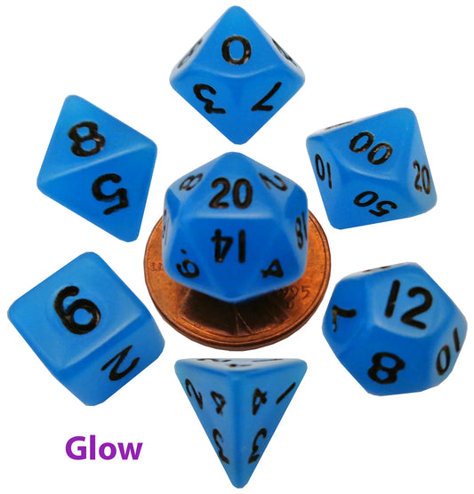 Glow-in-the-Dark Blue 10mm mini poly dice set