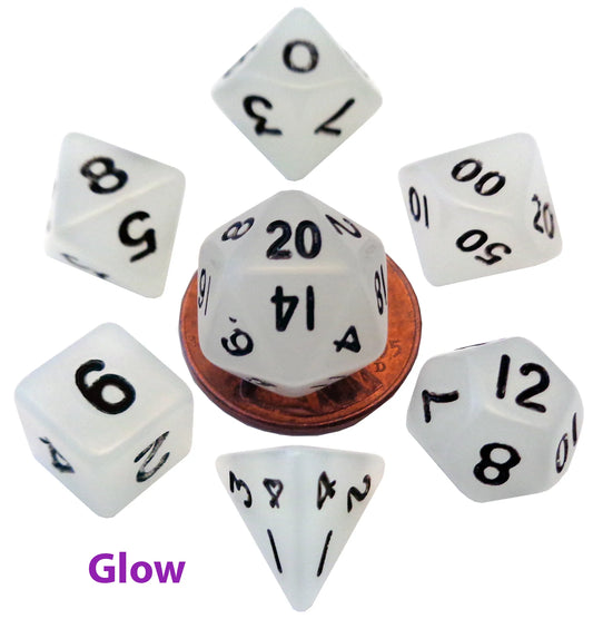 Glow-in-the-Dark Clear 10mm mini poly dice set