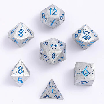 Barbarian Dice Set - Matt Silver and Blue, Solid Metal