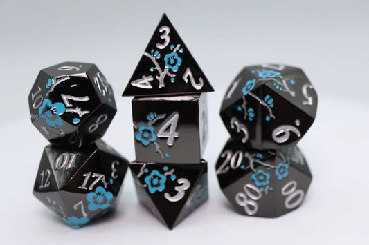 Metallic Bouquet Dice Set - Black & Blue Orchids, Solid Metal