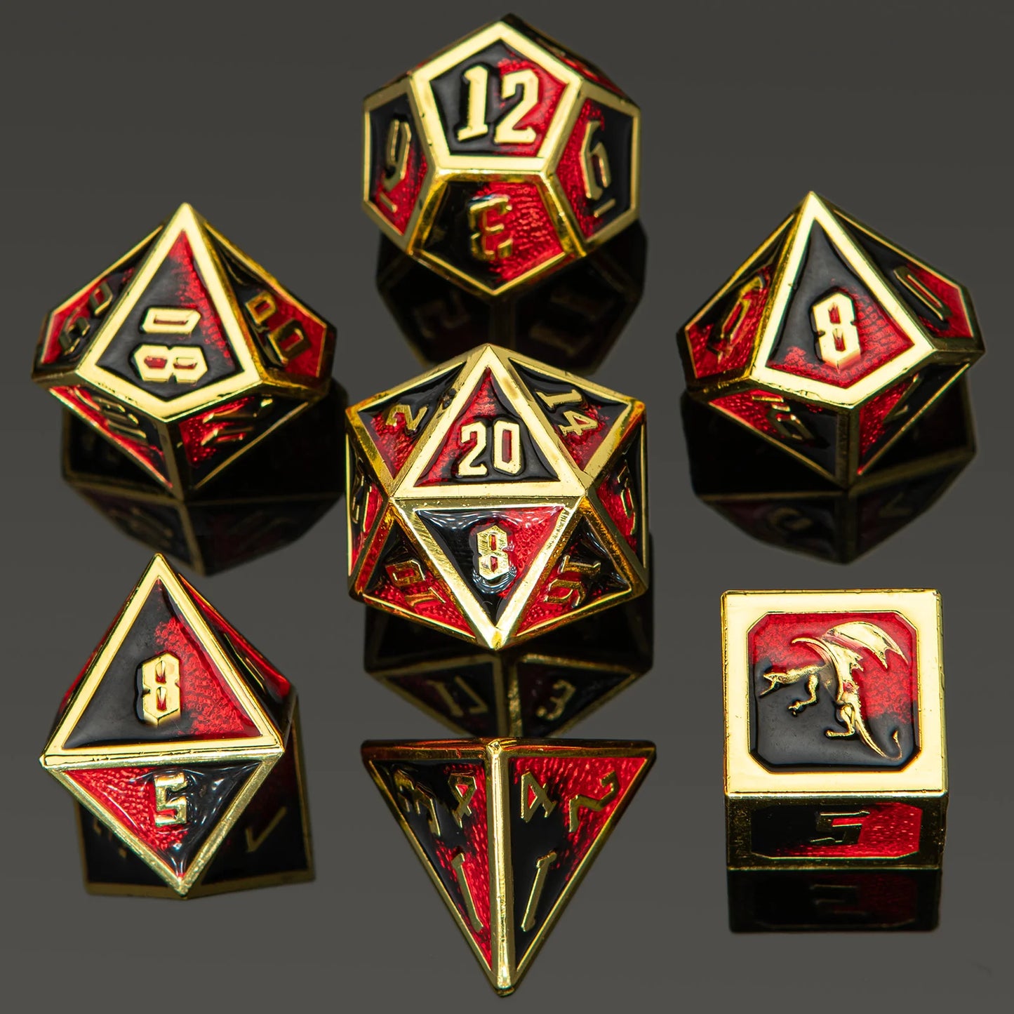Dragon Dice Set - Gold w/ Red & Blue, Solid Metal