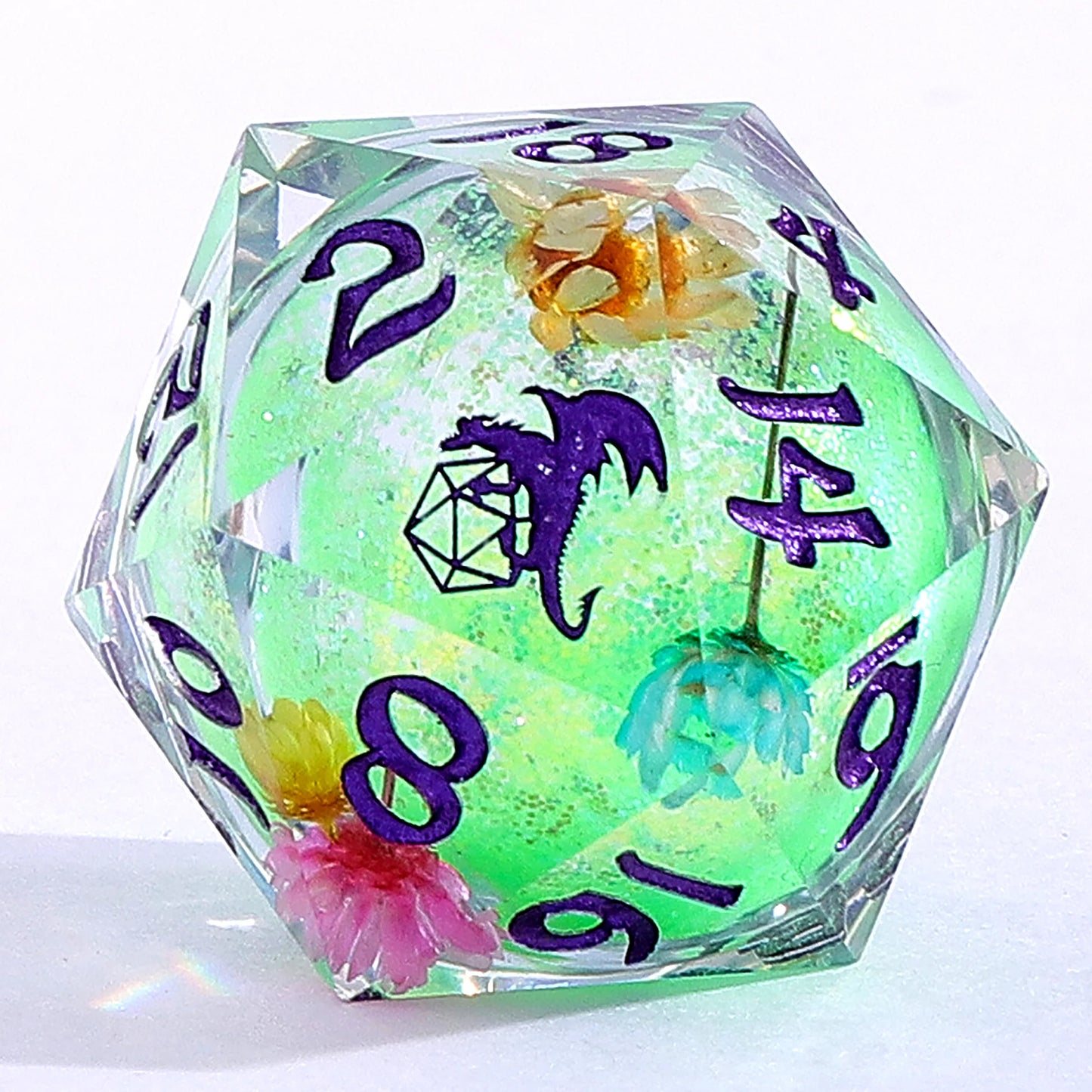 Captured Magic Liquid Core Dice Set - Ethereal Fields, GLOW IN THE DARK Hand Sanded Sharp Edge Resin