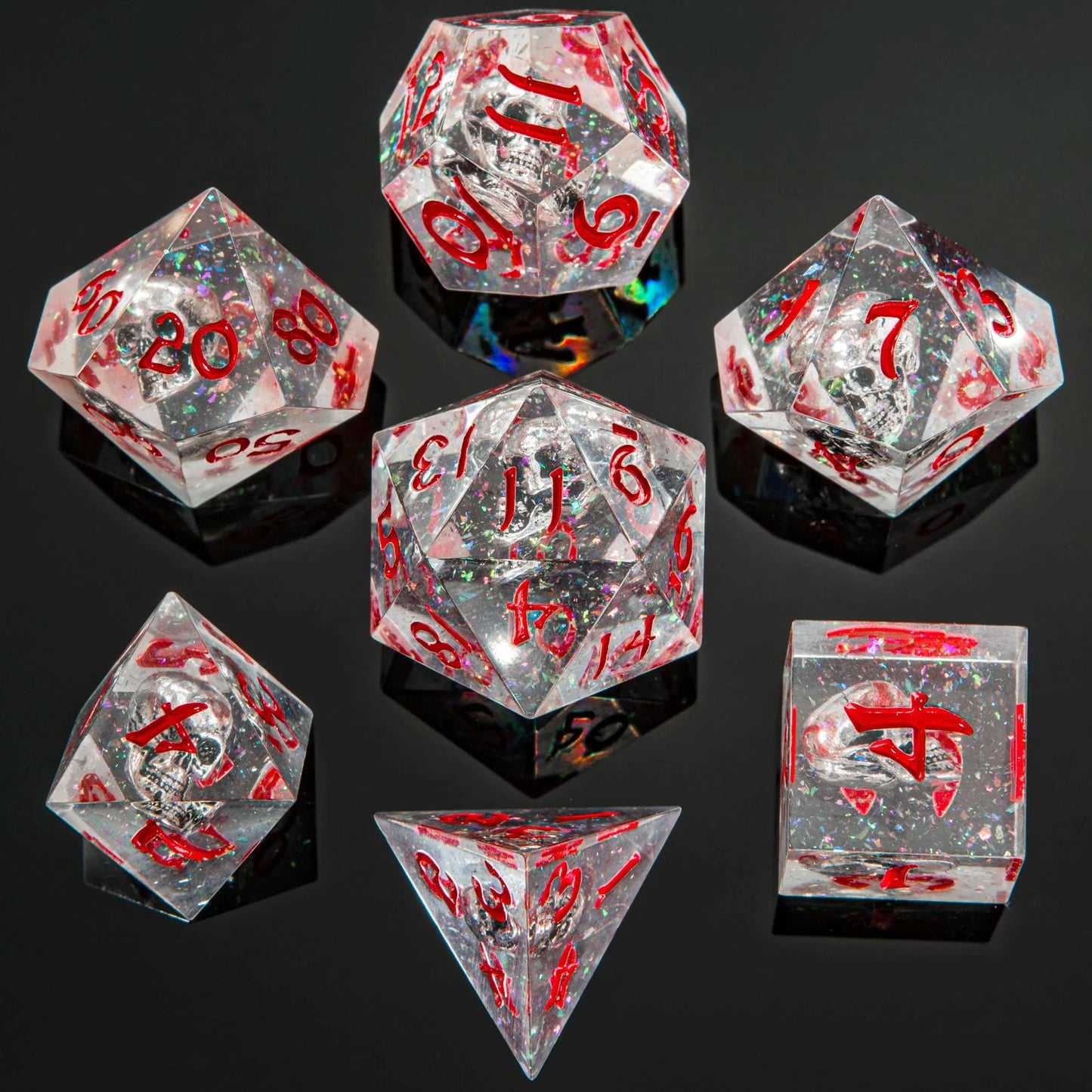 Captured Magic Dice Set - Black Metal Ghost Skulls, Sharp Edge Resin