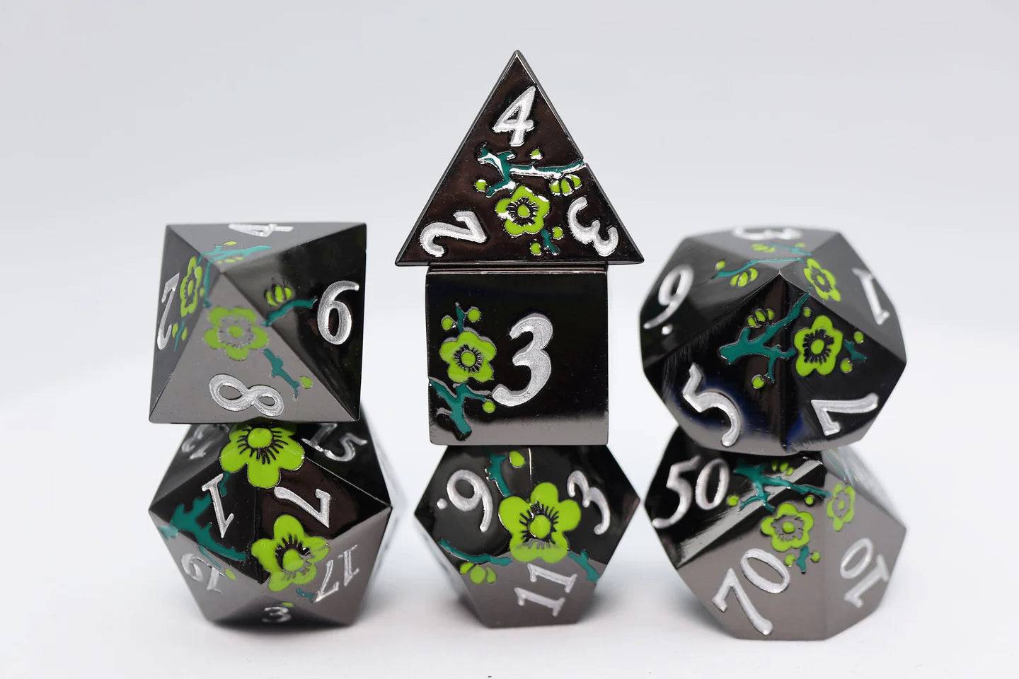 Metallic Bouquet Dice Set - Black & Green Orchids, Solid Metal