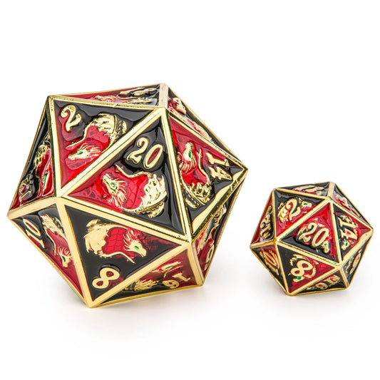45mm Dragon D20 - Red & Black w/Gold Solid Metal