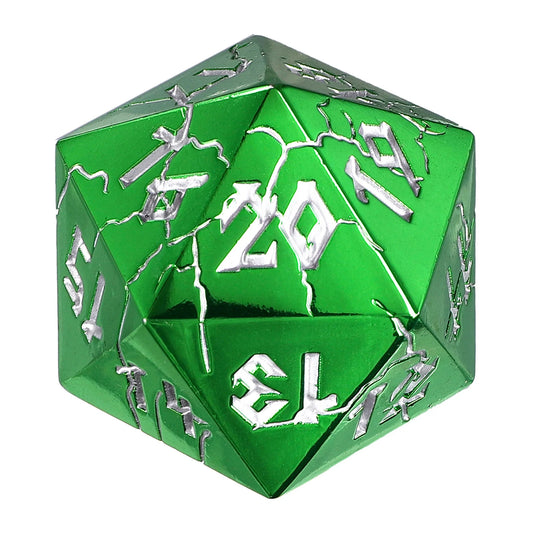 35mm Spin-Down Barbarian D20 - Green & Silver Solid Metal