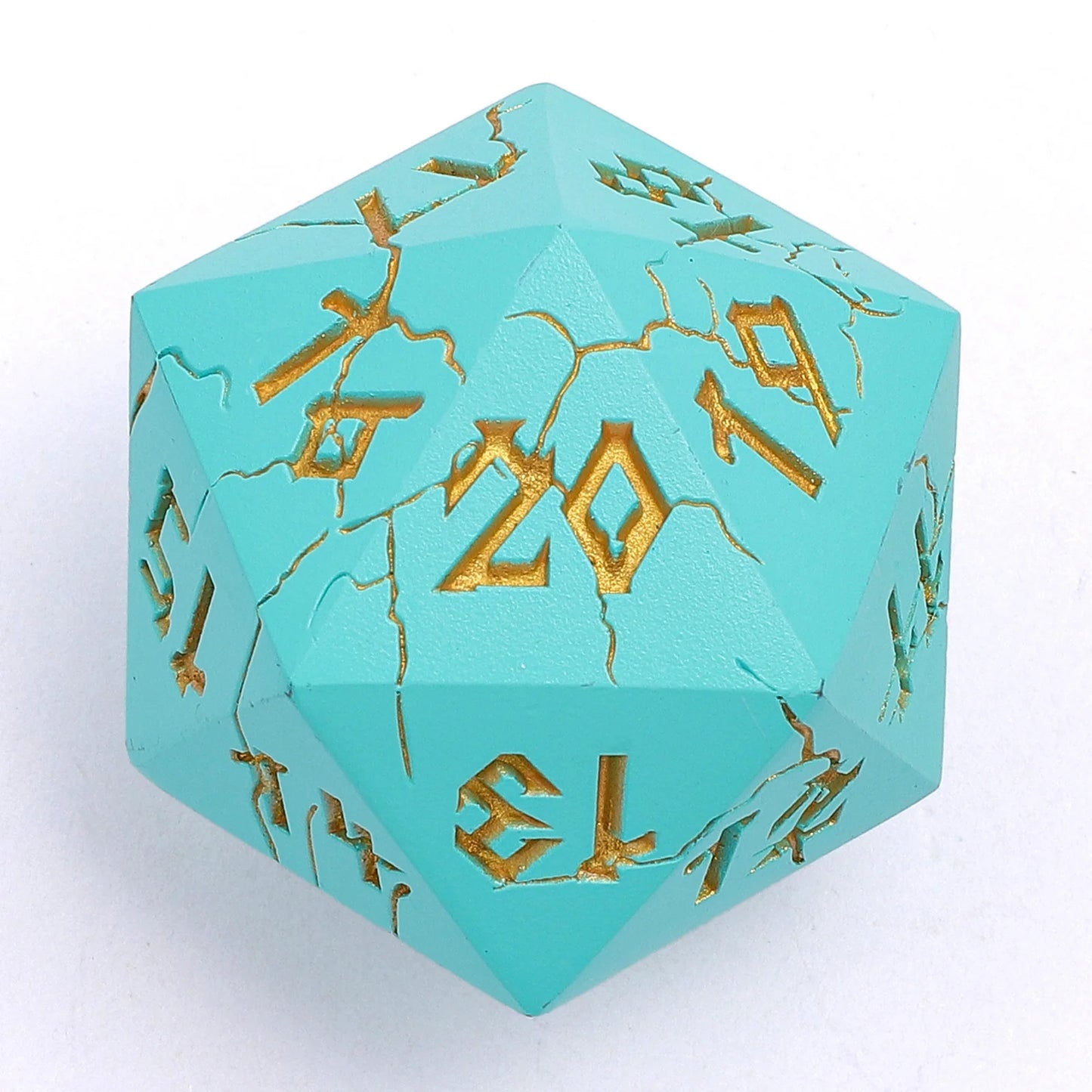 35mm Spin-Down Barbarian D20 - Turquoise & Gold Solid Metal