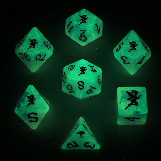 Pixie Dust Dice Set - Silver & Glow in the Dark - Rounded Resin