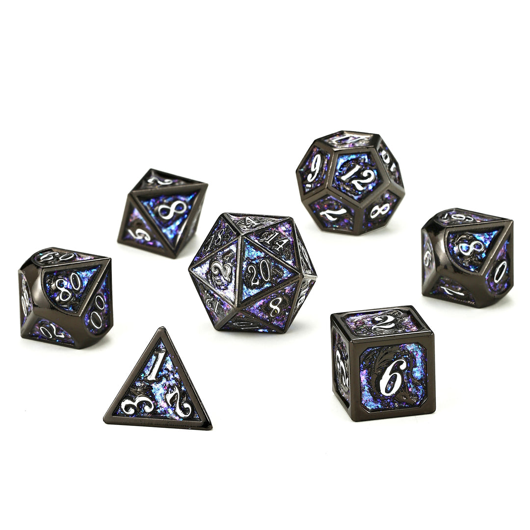 Dragon Dice Set - Gunmetal w/ Purple, Solid Metal