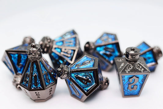 Moonlit Lantern Dice Set - Midnight Frostfire, Solid Metal