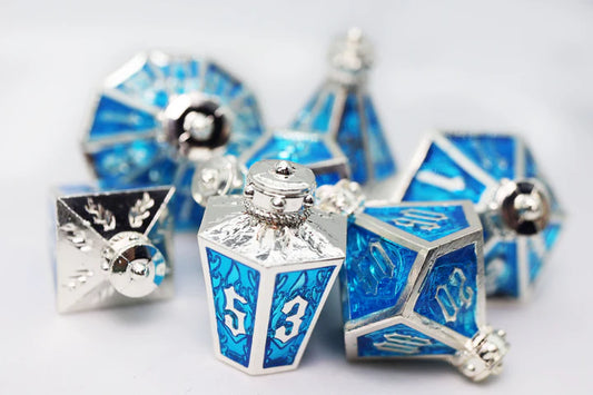 Moonlit Lantern Dice Set - Silvered Frostfire, Solid Metal