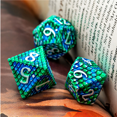 Dragon Scale Dice Set - Ocean, Solid Metal