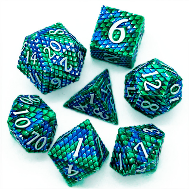 Dragon Scale Dice Set - Ocean, Solid Metal