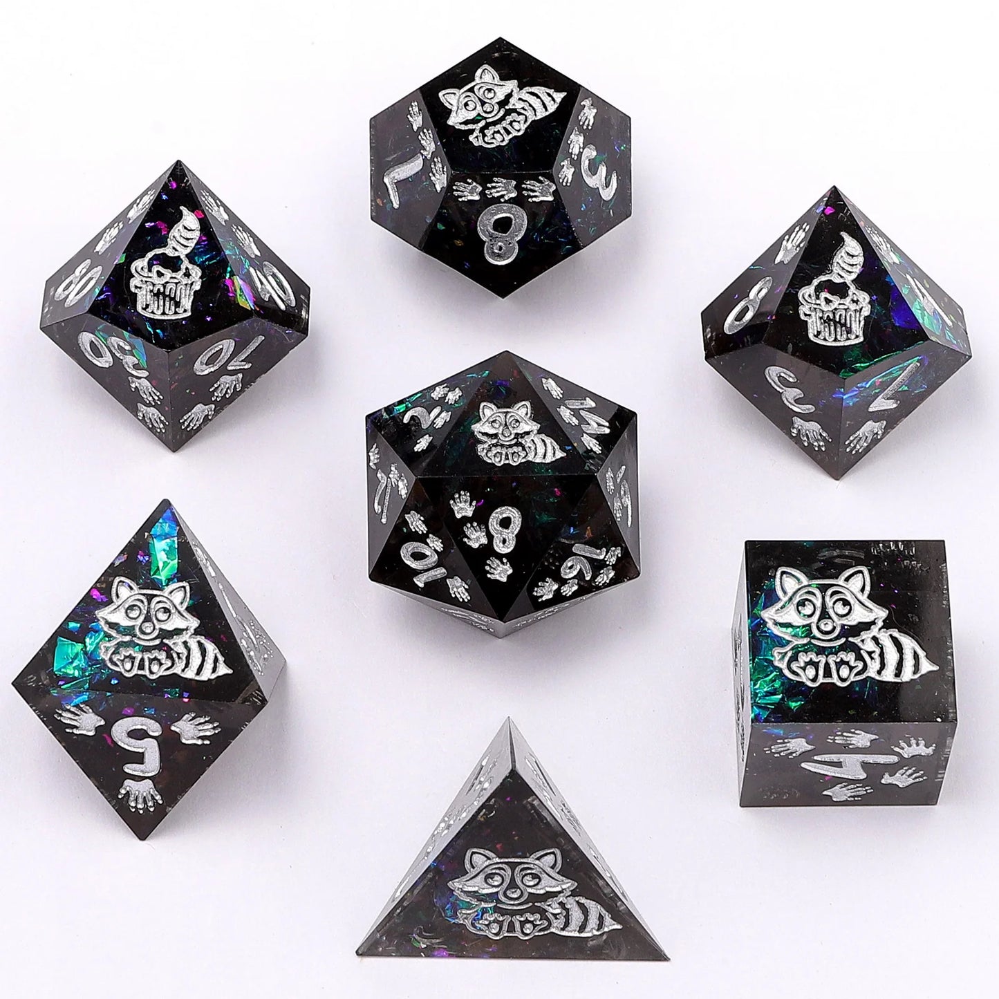 Captured Magic Dice Set - Raccoon's Reward, Sharp Edge Resin