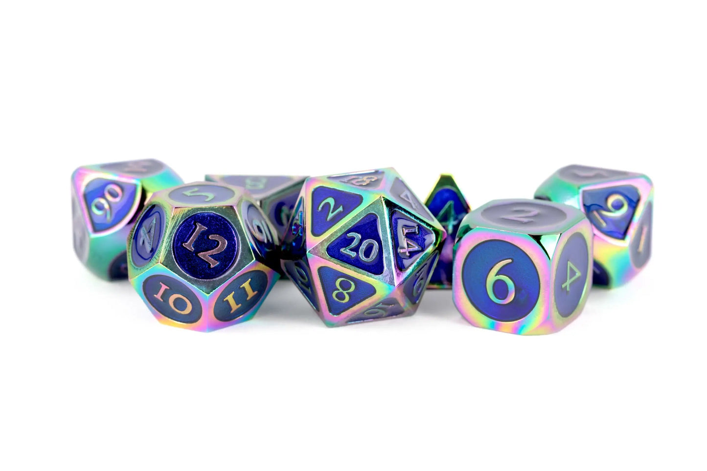 6D6 + 1D20 set - Rainbow with Blue Enamel 16mm Solid Metal