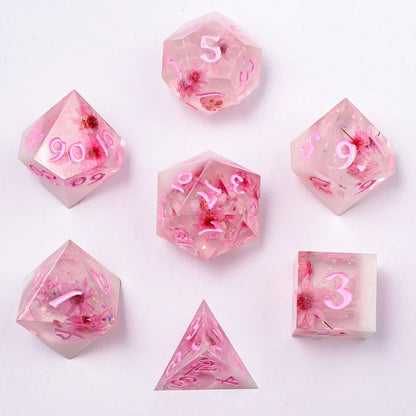 Captured Magic Dice Set -Sakura Cherry Blossom, Hand Sanded Sharp Edge Resin