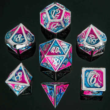 Dragon Dice Set - Silver w/ Pink and Blue, Solid Metal