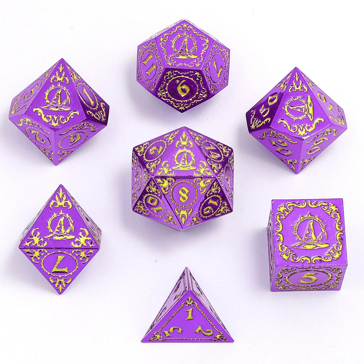 Wizard Dice Set - Purple with Gold, Solid Metal