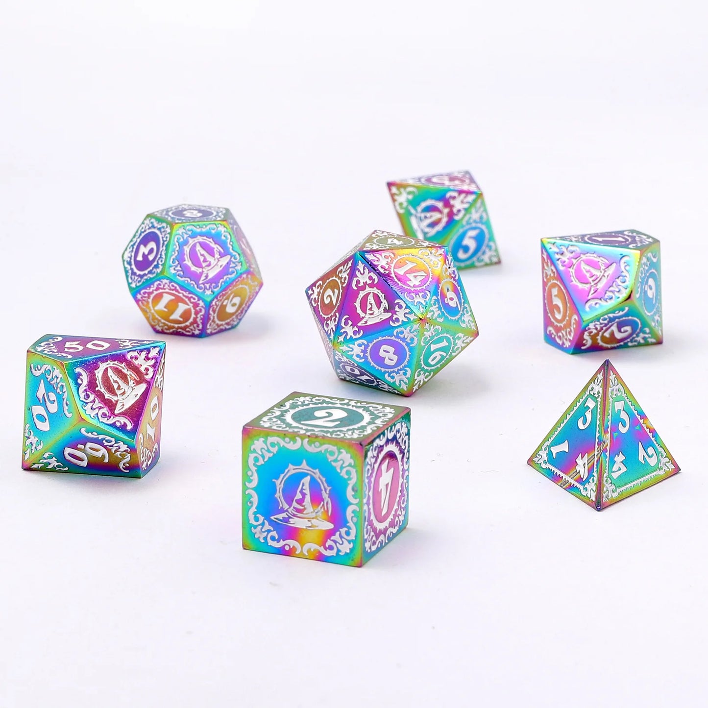 Wizard Dice Set - Rainbow with White, Solid Metal