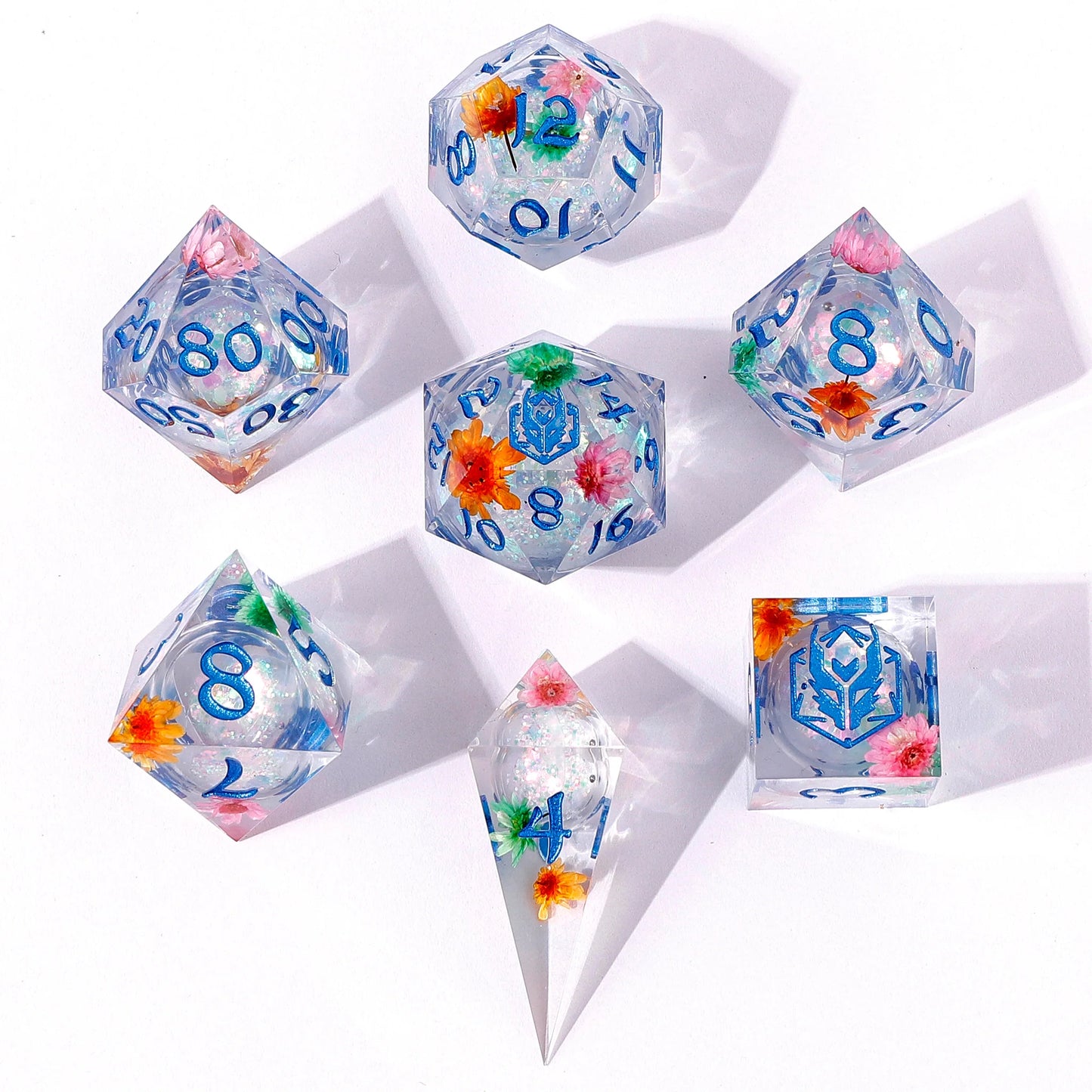 Captured Magic Liquid Core Dice Set - Mana Blossom, Hand Sanded Sharp Edge Resin