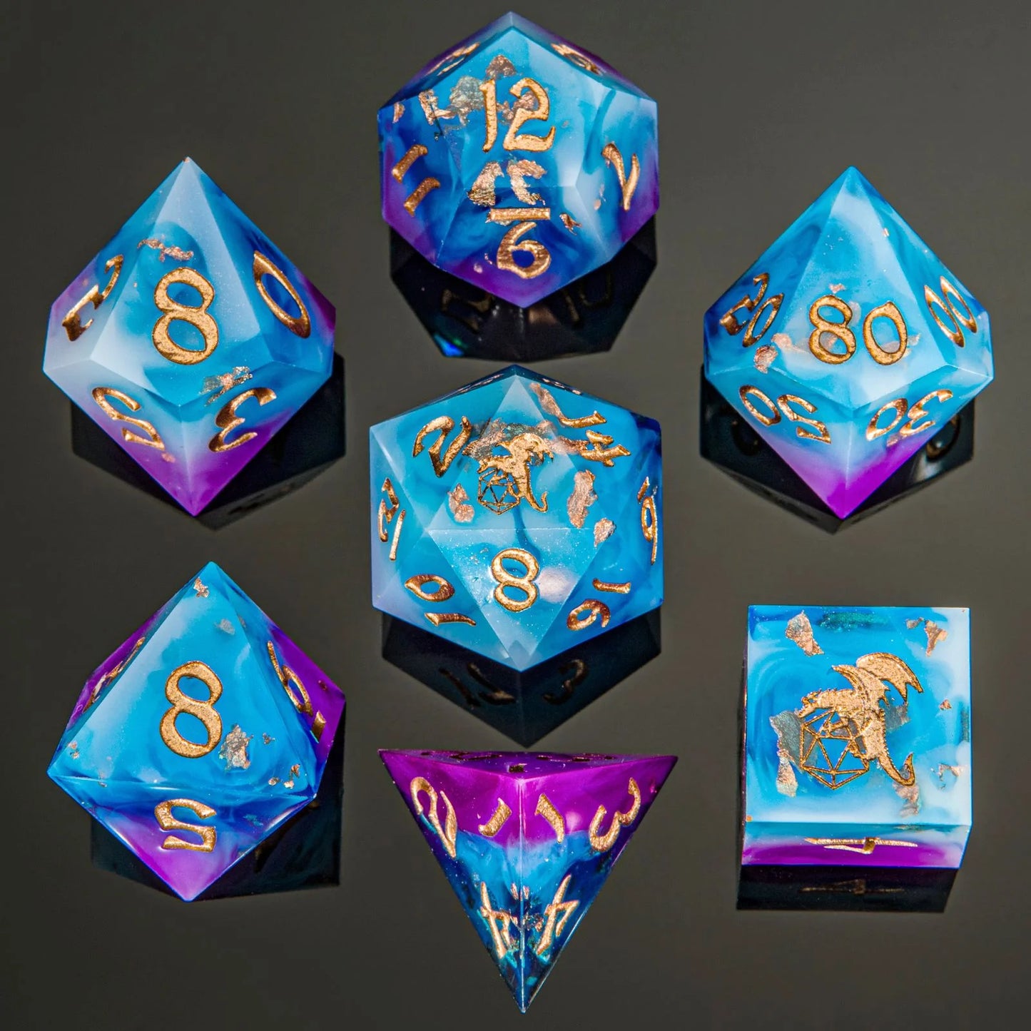 Captured Magic Dice Set - Storm Dragon, Hand Sanded Sharp Edge Resin