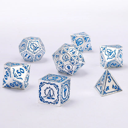 Wizard Dice Set - Silver w/ Blue, Solid Metal